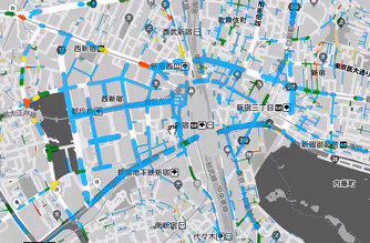 浸水被害の予測システムを使って昨年8月の東京・新宿周辺の被害状況を表示した画像。浸水の度合いに応じて色づけされている=早稲田大提供