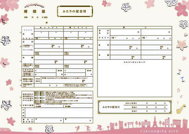 宇都宮市の名物や名所のイラストがデザインされたオリジナル婚姻届=宇都宮市提供