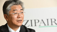 北米路線参入について語るZIPAIRの西田真吾社長＝東京都品川区で、内藤絵美撮影