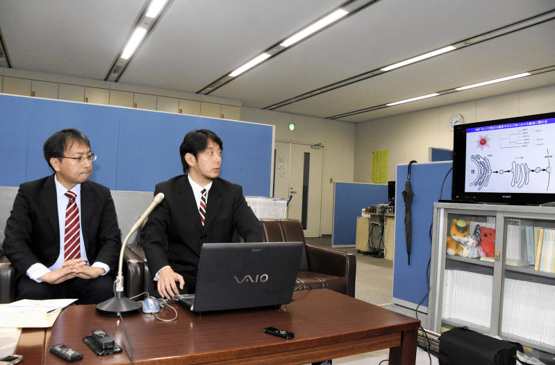 県庁内で会見する群大大学院の定方哲史准教授(右)と共同研究者の細井延武講師=前橋市の県庁で