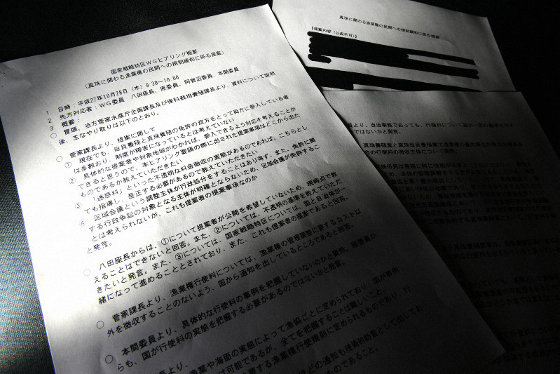 水産庁が野党に示した2015年10月28日の「国家戦略特区WGヒアリング概要」の記録文書=東京都千代田区で2019年6月18日、内藤絵美撮影