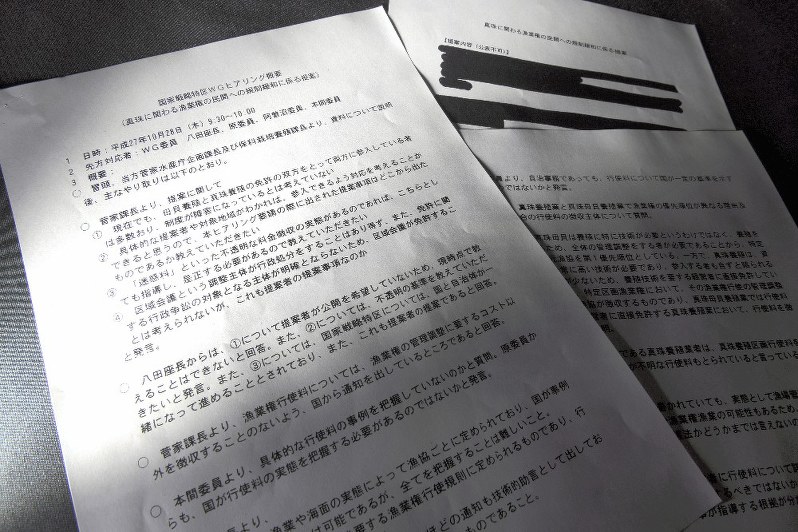 水産庁が野党に示した2015年10月28日の「国家戦略特区WGヒアリング概要」の記録文書=東京都千代田区で2019年6月18日、内藤絵美撮影