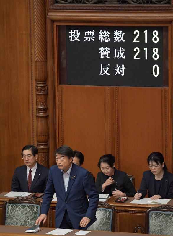 参院本会議で改正児童虐待防止関連法が全会一致で可決、成立し一礼する根本匠厚生労働相(手前)=国会内で2019年6月19日午前11時6分、川田雅浩撮影