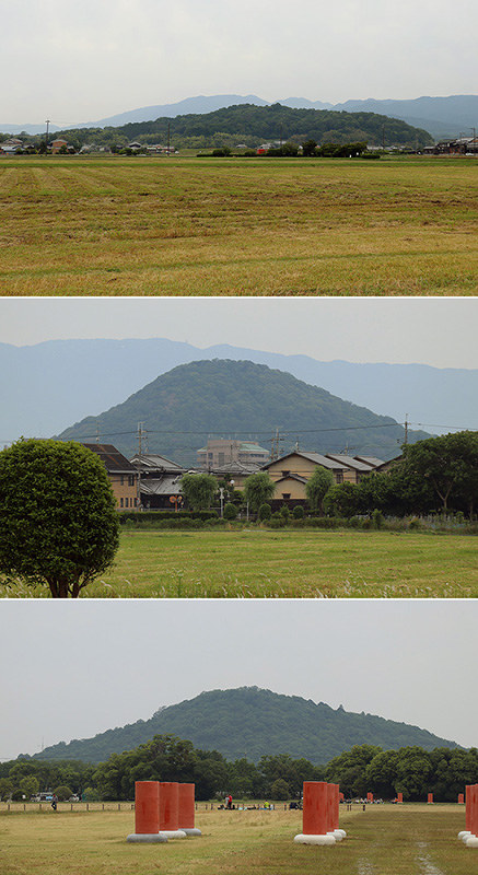 藤原宮跡から見える(上から)香久山、畝傍山、耳成山=奈良県橿原市で、藤原弘撮影