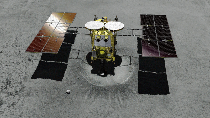 当初の計画では、探査機はやぶさ2は小惑星リュウグウにつくったクレーターの内部に着陸する予定だった(想像図)=JAXA提供
