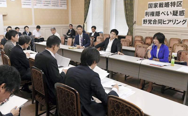 国家戦略特区ワーキンググループの座長代理を巡る問題の野党合同の聞き取りで関係省庁の担当者(手前)に質問する議員たち(奥)=国会内で2019年6月26日午前、川田雅浩撮影
