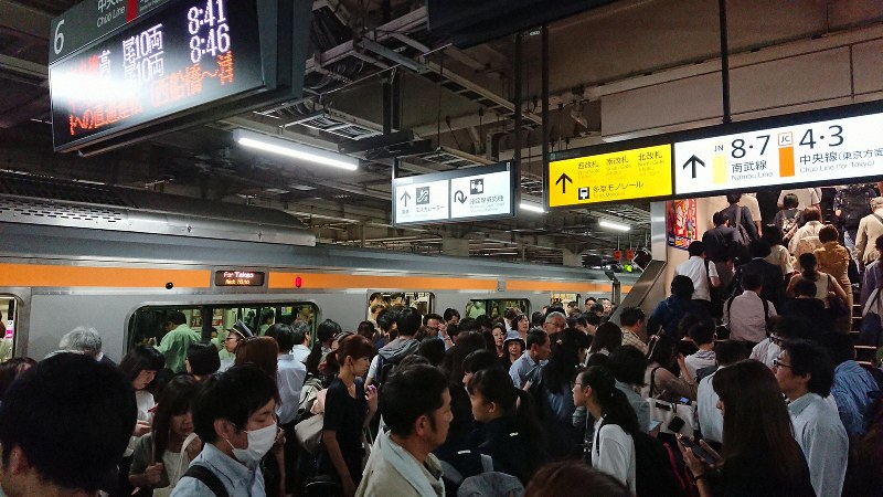 乗降客でごったがえす朝のJR中央線立川駅=2019年6月20日午前8時41分、和田浩明撮影