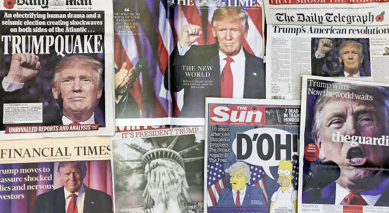 2016年米大統領選で予想外のトランプ氏の勝利を伝える英各紙=AP