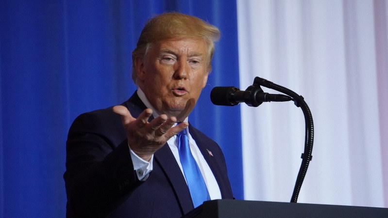 記者会見で雄弁に語るトランプ米大統領=大阪市で6月29日、竹下理子撮影