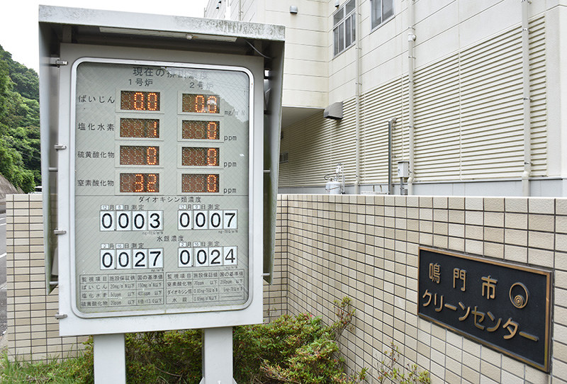市クリーンセンターの入り口では、排出する有害物質の濃度を表示しているが、正しく表示しないよう設定されていた=徳島県鳴門市瀬戸町で、松山文音撮影