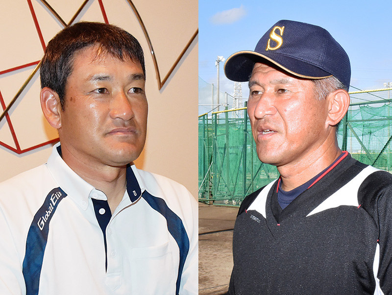 相手チームの印象や意気込みを語る、(左)宇部鴻城の尾崎公彦監督=兵庫県西宮市のホテルで、堀菜菜子撮影、(右)明石商の狭間善徳監督=兵庫県明石市の同校グラウンドで、韓光勲撮影