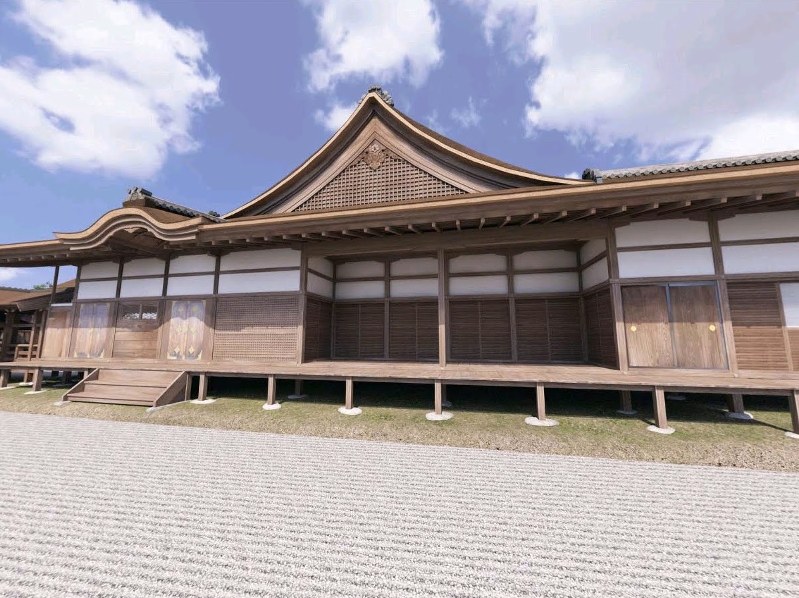 CGで再現された大友館の大おもて(中心建物)=大分市提供