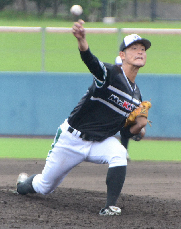 【Mr・KINJO6-2熊本ゴールデンラークス】7回2失点と好投したMr・KINJOの鶴永 =黒澤敬太郎撮影