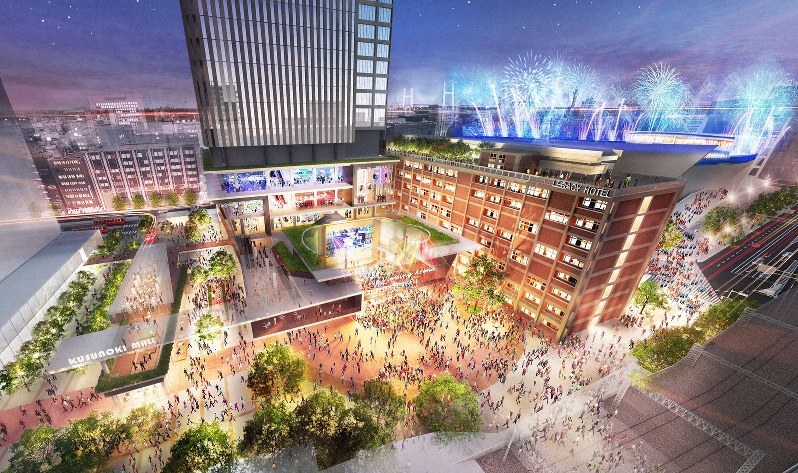 横浜市庁舎跡地利用のイメージ図。行政棟(右)はホテルに生まれ変わる予定。中央部は新たに建設されるビル=三井不動産提供