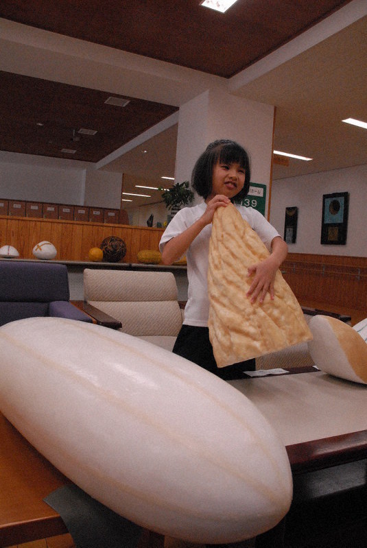 「大きな種」シリーズの作品を抱きかかえて鑑賞する児童=岐阜市北野町の県立岐阜盲学校で