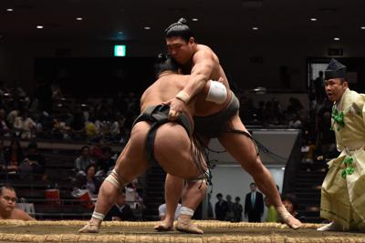 富栄（背中）に敗れた若隆元＝東京・両国国技館で2019年9月22日、村社拓信撮影