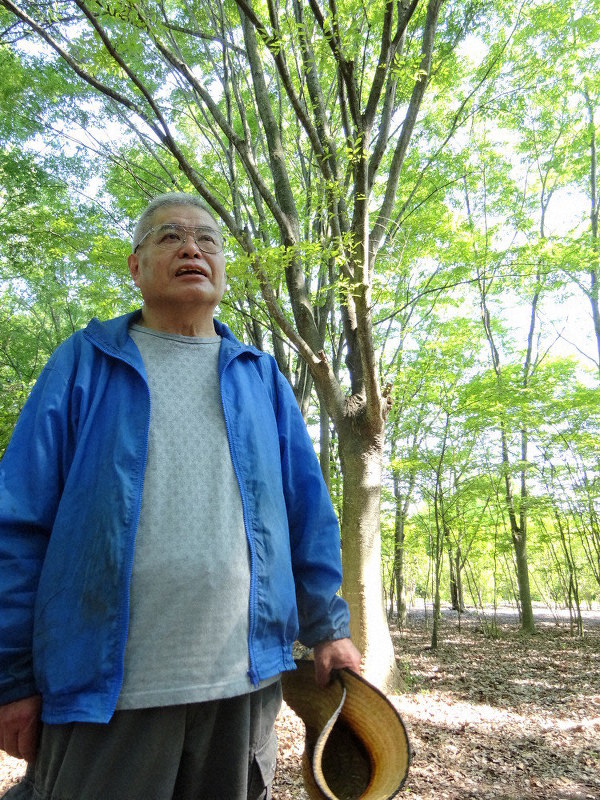 広域防災基地の中の「小さな森」に立つ青木栄司さん=東京都立川市で2019年6月13日