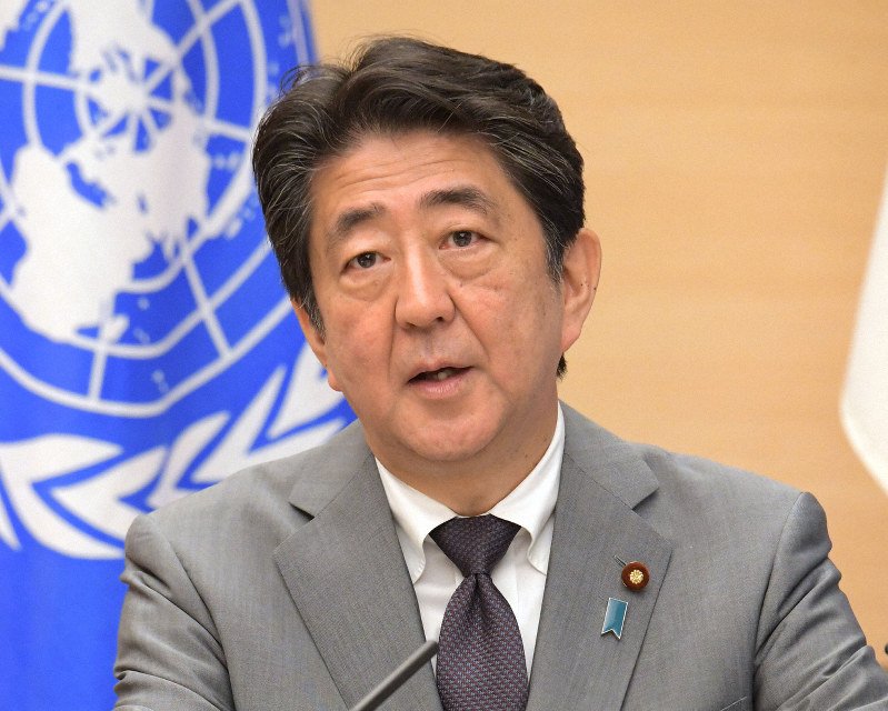 グテレス国連事務総長との共同記者発表で発言する安倍晋三首相=首相官邸で2018年8月8日午前10時33分、川田雅浩撮影