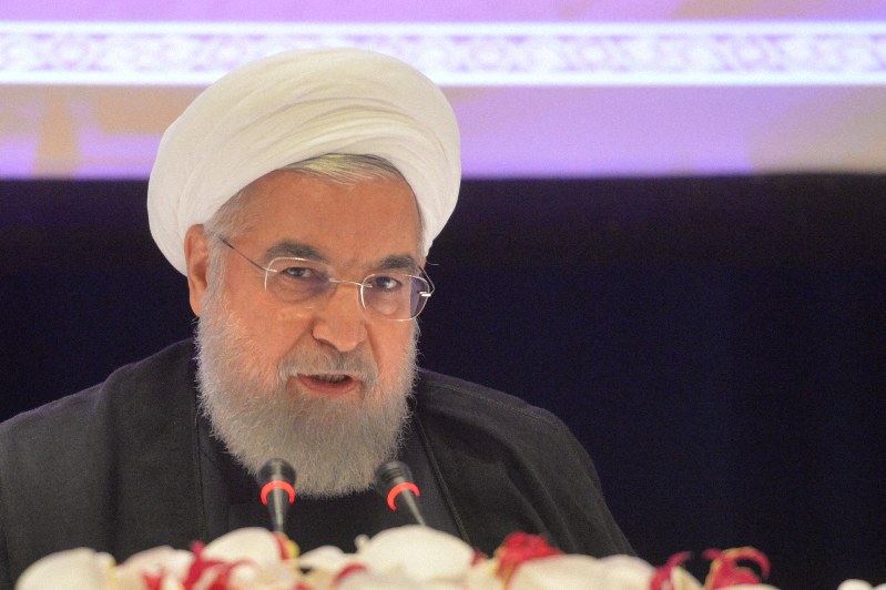 記者会見するイランのロウハニ大統領=米ニューヨークで2019年9月26日、隅俊之撮影