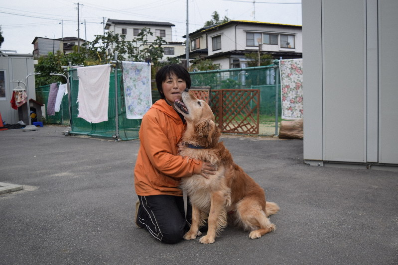 里親を待つゴールデンレトリバーとスキンシップを交わす梶山永江さん。サミットを機に、飼い主とともに避難することへの理解を広げたいと考えている=宮古市崎山で