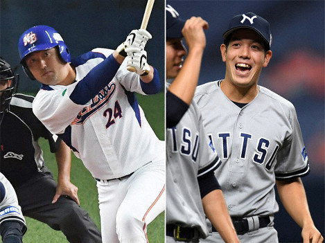 【日本通運-NTT東日本】五回、左前打を放つNTT東日本の越前一樹外野手(左)。試合に勝利し喜ぶ日本通運の高山亮太投手(右)=京セラドーム大阪で2019年10月31日