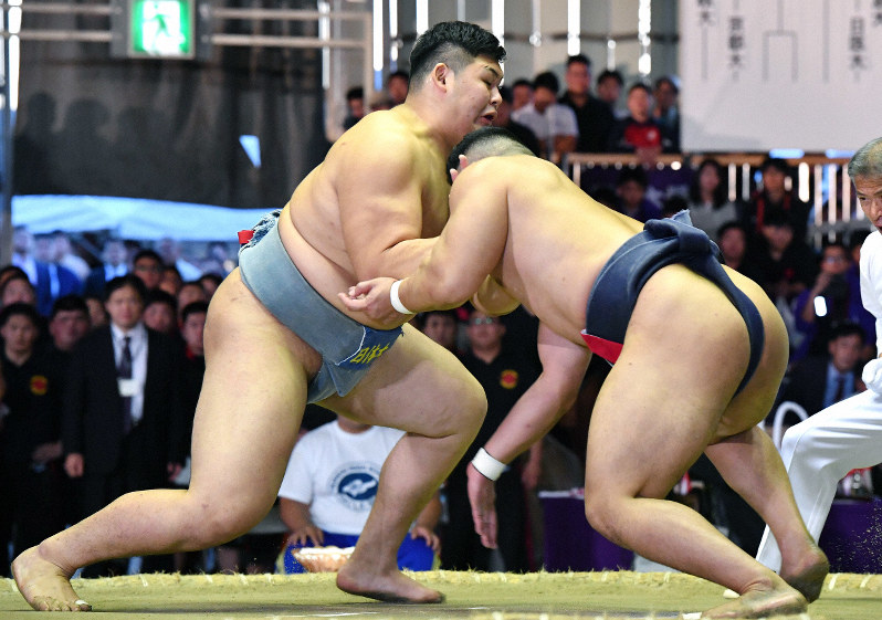 決勝で近大の谷岡を攻める日体大の中村(左)=堺市大浜公園相撲場で2019年11月2日、猪飼健史撮影
