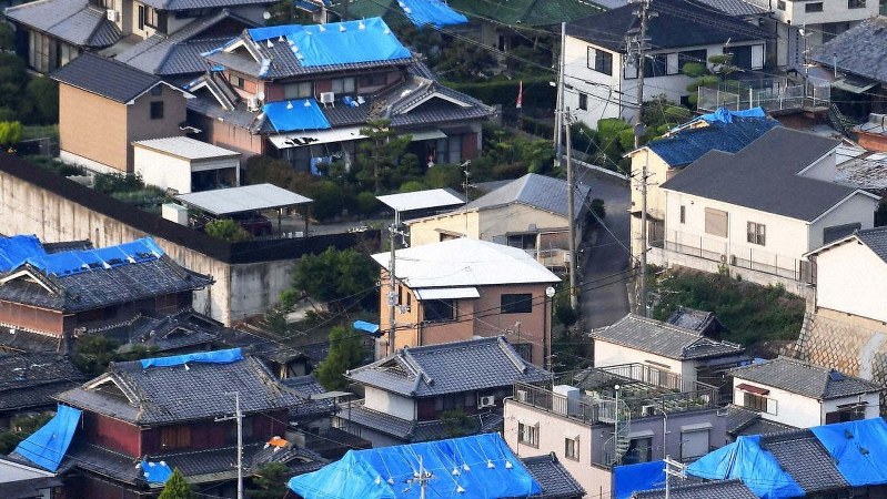 地震で被災し、屋根にブルーシートがかけられた家屋=大阪府高槻市で2018年6月21日午後6時6分、本社ヘリから平川義之撮影