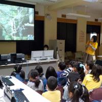 テレビ電話「スカイプ」を使いオランウータンやゾウなどボルネオ島の動物を見る日野市立夢が丘小学校の2年生たち=2015年3月撮影、小俣三佳子さん提供