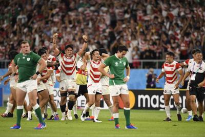 アイルランドに勝利し、喜びを爆発させる日本の選手たち＝エコパで９月２８日、藤井達也撮影