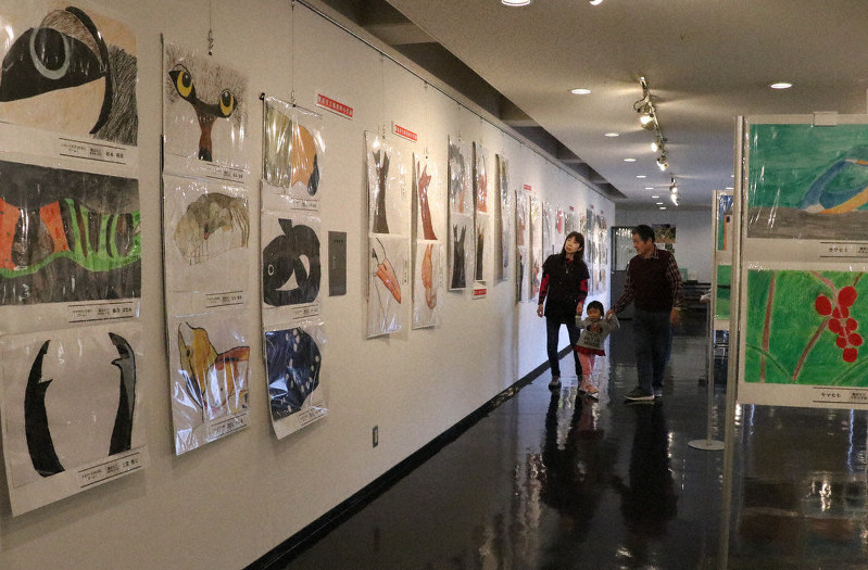 小学5年生の作品が並ぶ「守りたい日本の生きもの絵画展」=橿原市南山町の市昆虫館で、藤原弘撮影