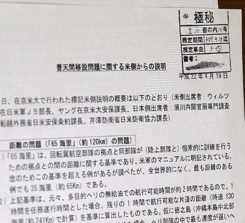 鳩山元首相の事務所に保管されていた「普天間移設問題に関する米側からの説明」と題された文書。「極秘」のスタンプが押されている=東京都千代田区で2018年12月20日、山下浩一撮影