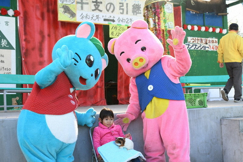 えとにちなんだ動物の着ぐるみなどが参加した「えとの引き継ぎ式」=宇都宮市上金井町の宇都宮動物園で