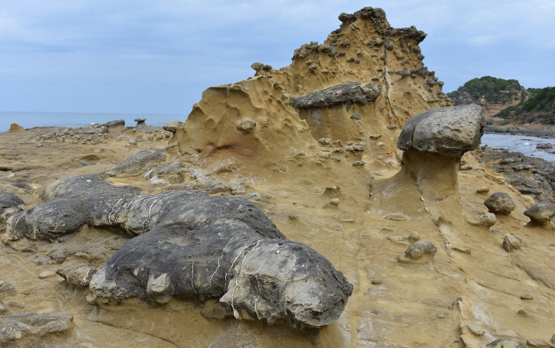 風化による自然の造形。イグアナ(手前)やキノコ(右)のように見える=島根県浜田市国分町で2019年11月17日、竹内之浩撮影