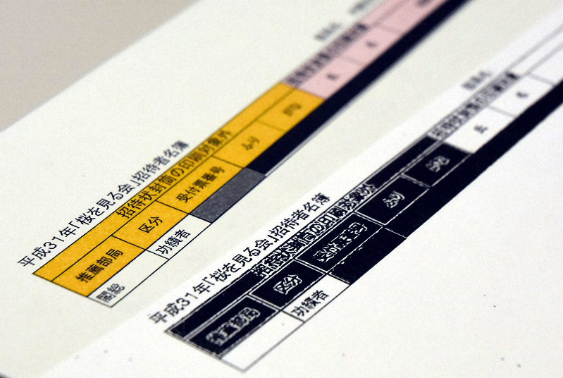 毎日新聞社の情報公開請求により公開された推薦者名簿(上)と内閣府が国会に提出した推薦者名(下)=2020年1月14日午後1時35分、秋山信一撮影