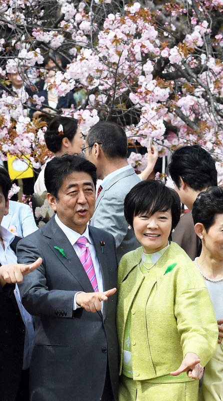 安倍晋三首相主催の「桜を見る会」で、招待者との記念写真に納まる安倍首相夫妻=東京都新宿区の新宿御苑で2017年4月15日、竹内紀臣撮影