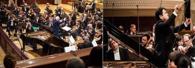 広響の平和音楽大使を務めるマルタ・アルゲリッチは昨夏ワルシャワで広響メンバーと協演(左)。今回は下野竜也の指揮で藤倉の協奏曲を初演する