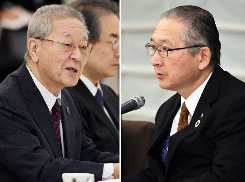 経団連の中西宏明会長(左)と、連合の神津里季生会長=東京都千代田区で2020年1月28日、滝川大貴撮影