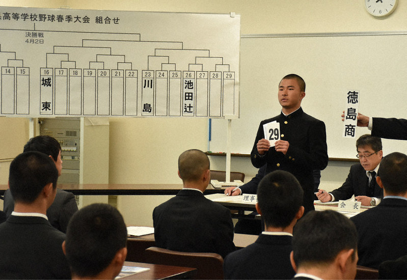 くじを引いて番号を見せる徳島商の主将=徳島市城南町2の城南高で、松山文音撮影