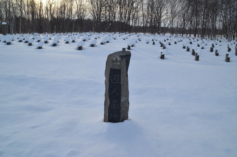 深い雪に埋もれた囚人墓地にある墓標=北海道月形町で