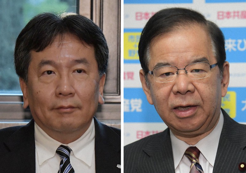 立憲民主党の枝野幸男代表(左)と共産党の志位和夫委員長=川田雅浩撮影