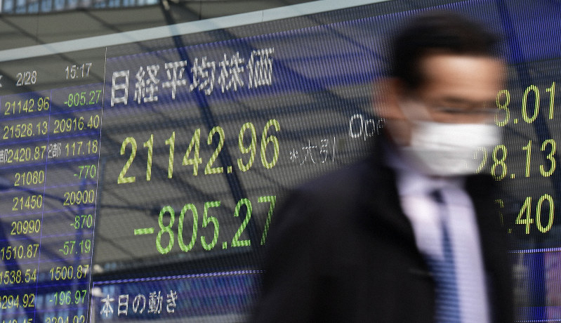 大幅な下げ幅を記録した日経平均株価を示すモニター=東京都千代田区で2020年2月28日午後3時17分、藤井達也撮影