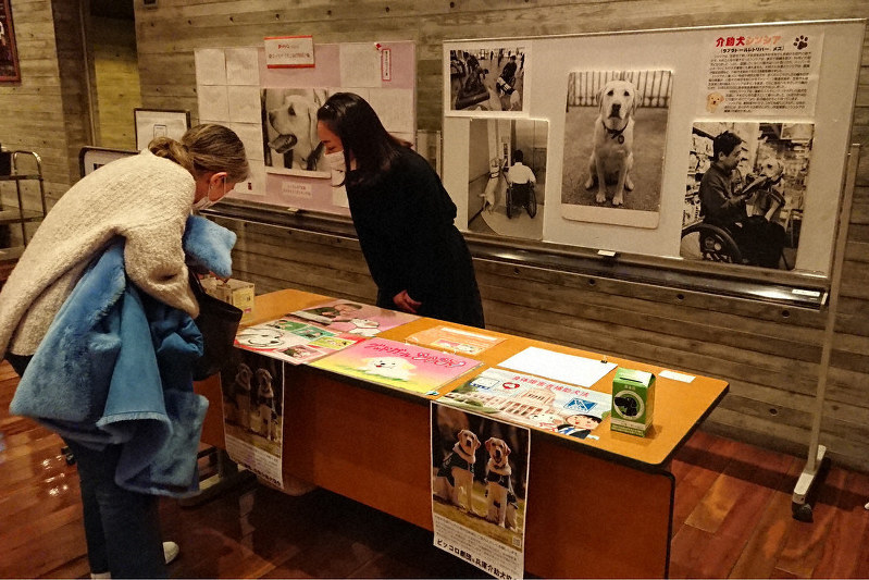 会場の一角に設けられたシンシアを紹介する展示コーナーでは、訪れた人たちが熱心に見入っていた=西宮市の県立芸術文化センターで、川畑さおり撮影