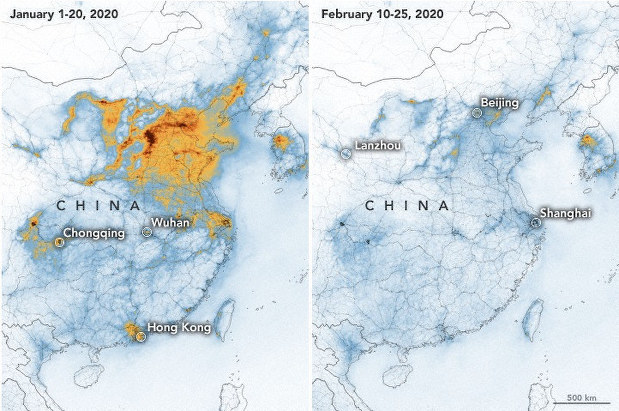 地球観測衛星で観測した中国上空の二酸化窒素濃度。白色、水色、オレンジ色、赤色の順に濃度が高くなる。左が武漢市封鎖前の2020年1月1~20日の平均、右が封鎖後の2月10~25日の平均=NASA提供