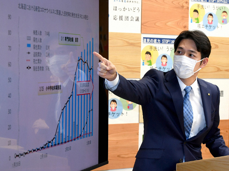 記者会見で画面を使い説明する鈴木直道北海道知事=札幌市中央区の道庁で2020年3月5日午後5時4分、竹内幹撮影
