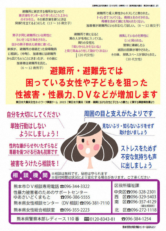 「熊本市男女共同参画センターはあもにい」が熊本地震の時に作製したチラシ。避難所に張られた=同センター提供