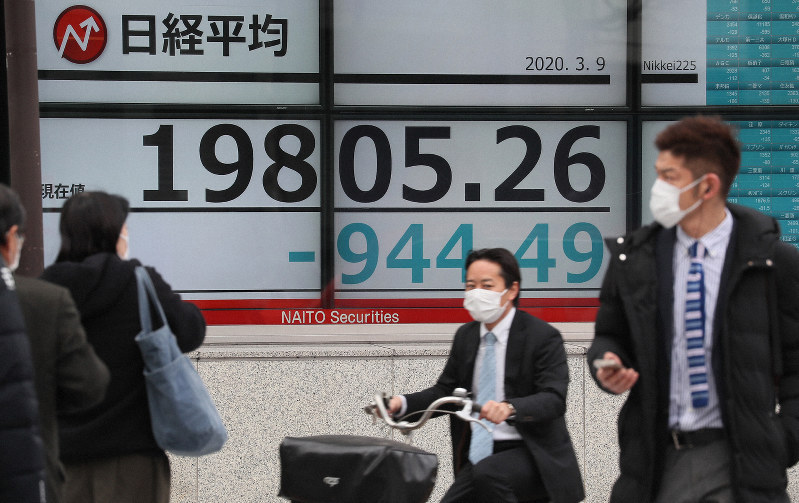 日経平均株価が一時2万円を割り込んだことを示す電光掲示板=東京都中央区で2020年3月9日午前10時19分、玉城達郎撮影