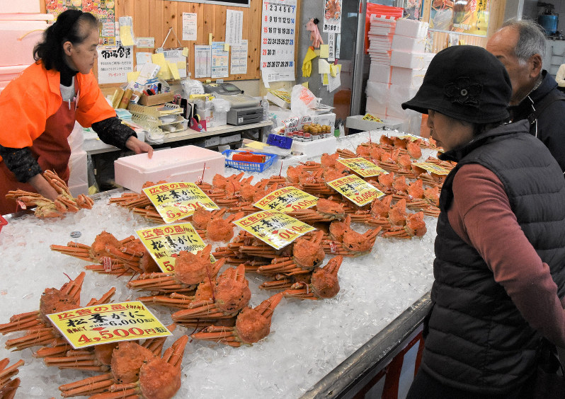鳥取を代表する冬の味覚・松葉ガニ。新型コロナウイルス感染拡大の影響もあり値下がりしている=鳥取市内で2019年12月23日午前11時39分、野原寛史撮影