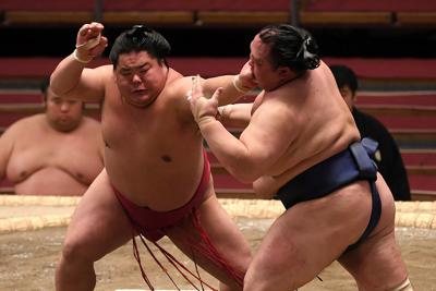 北勝富士を攻める大栄翔（左）＝エディオンアリーナ大阪で２０２０年３月１２日、久保玲撮影