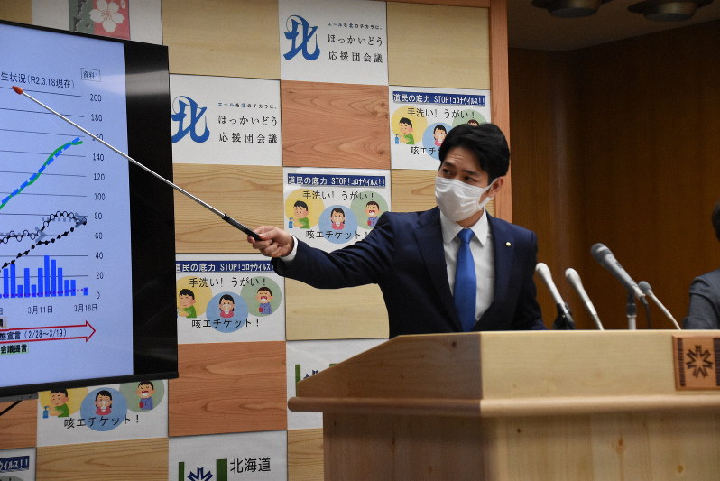 緊急事態宣言の効果を説明する鈴木直道・北海道知事=札幌市中央区で2020年3月18日午後8時20分、澤俊太郎撮影