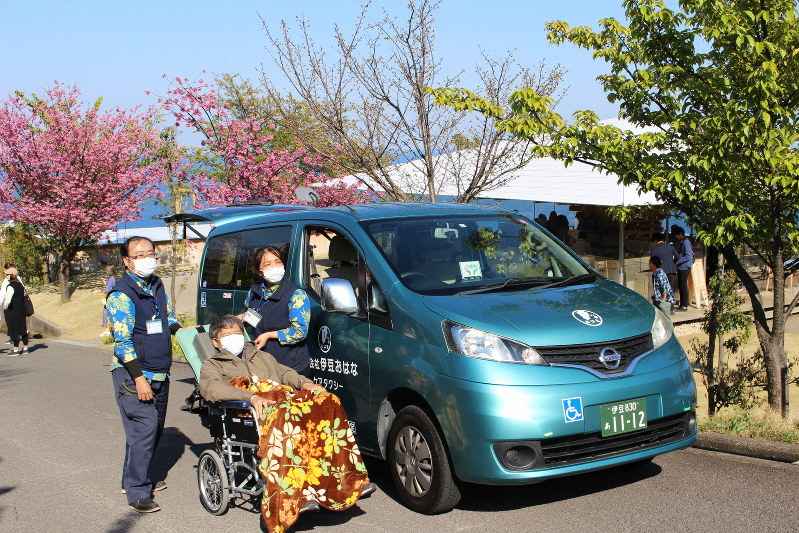 園内に乗り入れ、スタッフの介助で車椅子に乗ったまま散策ができる介護タクシー=熱海市のアカオハーブ&ローズガーデンで2020年3月25日午後2時52分、梁川淑広撮影
